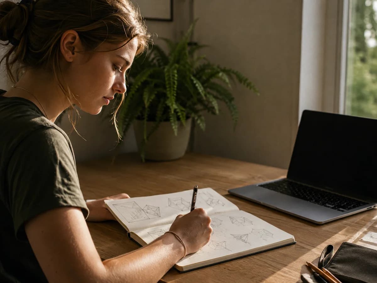 Lernende arbeitet konzentriert mit Notizbuch und Laptop; illustratives KI-Motiv