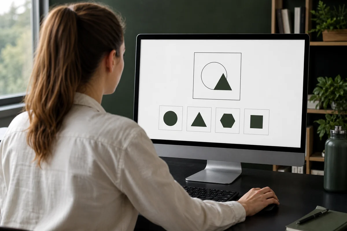 Lernende am Computer mit geometrischen Übungsformen – KI-Illustration