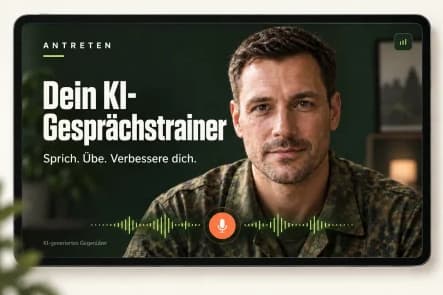 ANTRETEN KI-Gesprächscoach: KI-generiertes Gegenüber mit Audioanzeige auf einem Tablet