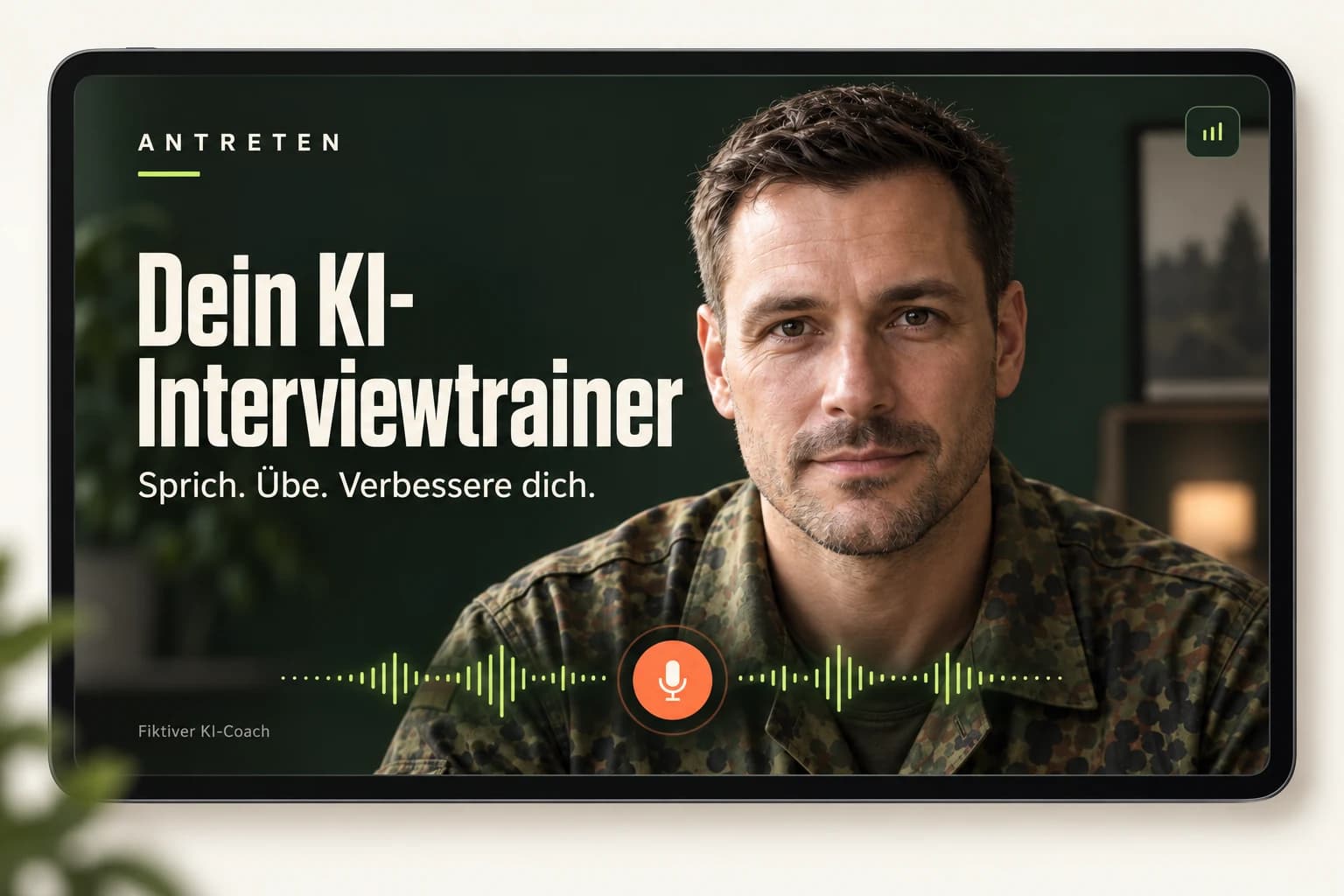 ANTRETEN KI-Interviewtrainer: Gesicht des fiktiven Coaches mit Audioanzeige auf einem Tablet
