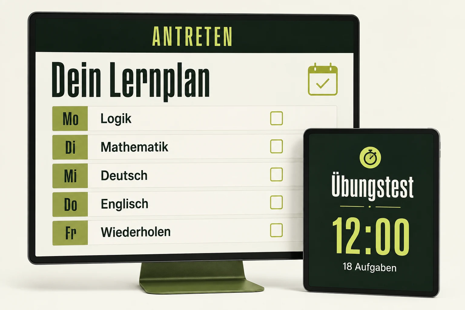 Produktansicht: Wochenplan und Übungstest mit Countdown